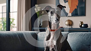 elegant greyhound lying on a large sofa in a modern apartment illuminated by a large window