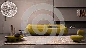 Elegant grunge living room with plaster walls and floor, fireplace. Yellow sofa with pillows, carpet, fluffy armchair, side tables