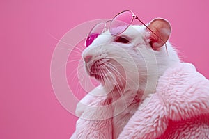 Elegant Guinea Pig in Pink Fluffy Coat and Glasses