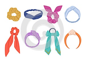 Elegant hair ties and hoops set. Fashionable womens yellow accessory with hanging blue ribbons stylish purple headband