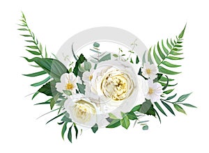 Elegant half wreath floral bouquet with yellow garden roses, white camellia flowers, greenery, green forest fern leaves,
