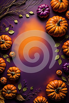 Elegant Halloween illustration. Autumn composition with orange pumpkins and leaves on purple background. AI generated