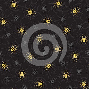 Elegant Halloween Vector Seamless Pattern With Gold and Grey Spiders on Spider Web on Black Background