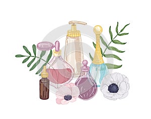 Elegant hand drawn decorative composition with perfume, toilet water, fragrant essential oil in glass bottles and