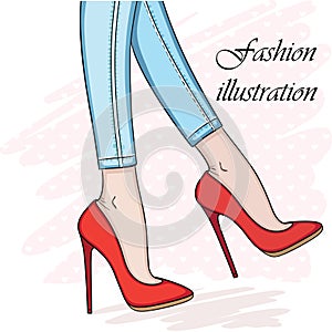 Elegant hand drawn legs in shoes. Sketch vector illustration.