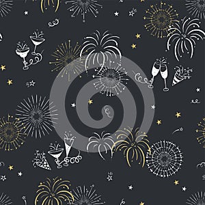 Elegant hand drawn New Years seamless pattern with fireworks, cocktails and streamers, great for textiles, banners, wallpapers,
