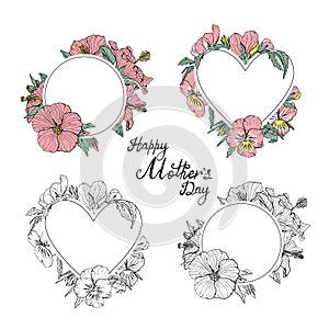 Elegant hand drawn round and heart shape floral frames set. Doodle pansy and hibiscus flowers monochrome and colorful