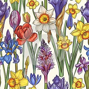 Elegant Hand-Drawn Spring Flowers Illustration with Tulips and Daffodils Perfect for Invitations and Botanical Themes Pattern