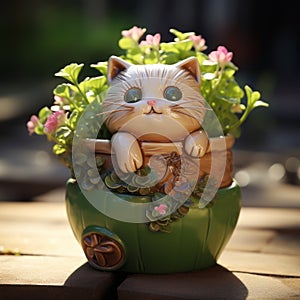 Elegant Hand-painted Toy Cat On Potted Plant - Daz3d Style photo