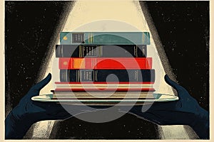 Elegant hand presenting stack of classic books on reflective platter