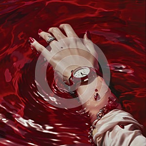 Elegant hand submerged in deep red liquid, showcasing stylish red nail polish and luxury watch