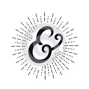 Elegant hand written ampersand with light rays, sunburst.