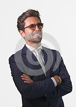 Elegant and handsome happy man in suit posing for company corporate business portrait relaxed and confident smiling happy isolated