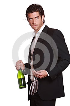Elegant handsome man with wine bottle