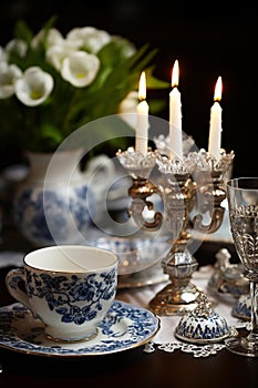 Elegant Hanukkah Feast: Silver Menorah, Traditional Dishes, and Cozy Ambiance