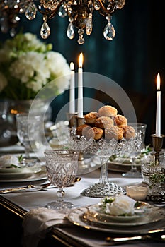 Elegant Hanukkah Feast: Silver Menorah, Traditional Dishes, and Cozy Ambiance