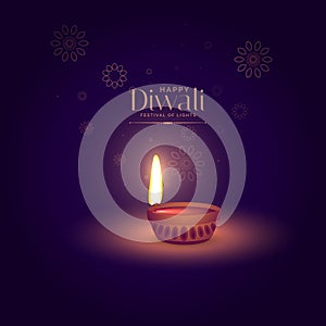 Elegant happy diwali background with light focusing on diya