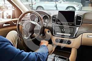 Elegant happy man in good new car in sale centre