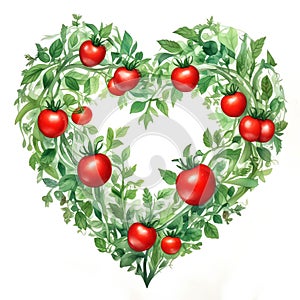 Elegant heart shape with interweaving tomato plants and red tomatoes