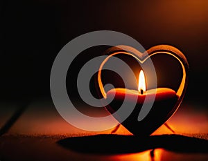 Elegant heart-shaped candlestick with matching lit candle in dark room, AI generated