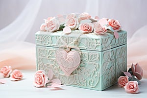 An elegant, heart-shaped decorative box, perfect for storing your sentimental items and cherished possessions., A romantic pastel-