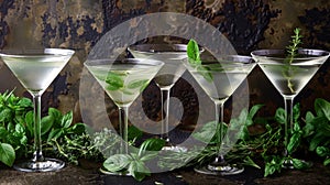Elegant Herbal Martinis on Rustic Textured Background