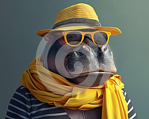 Elegant hippo with bright yellow neck scarf, sunglasses and sunhat, ready for vacations photo