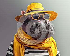 Elegant hippopotamus with stylish neck scarf, sunglasses and sunhat, ready for marine vacations.