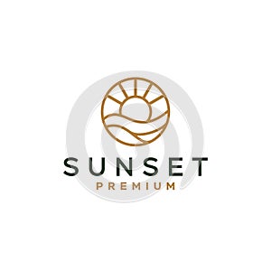 Elegant hipster gold sun sunset sunrise with beach ocean sea water logo icon vector in trendy line linear, outline logo vector fo