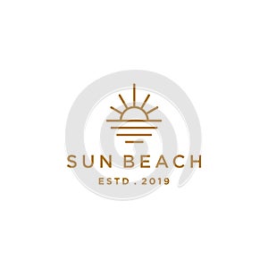 Elegant hipster gold sun sunset sunrise with beach ocean sea water logo icon vector in trendy line linear, outline logo vector