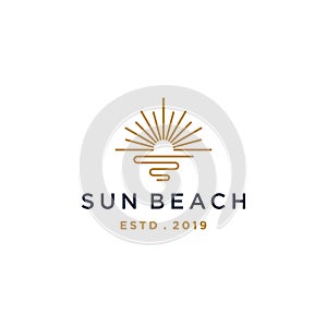 Elegant hipster sun sunset sunrise with beach ocean sea water logo icon vector in trendy line linear, outline logo vector