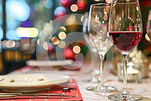 Elegant holiday dinner setting with red wine and festive lights
