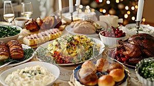 Elegant Holiday Dinner Spread with Turkey and Seasonal Sides