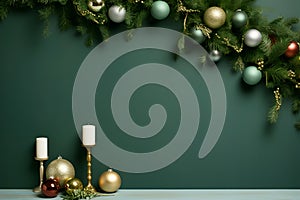 Elegant holiday garland and candles set against a dark green wall, ready for Christmas. Copy space. Generative AI