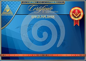 An elegant horizontal blank for creating certificates in blue tones with Masonic symbols.