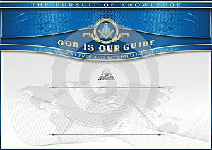 An elegant horizontal blank for creating certificates, diplomas, etc. with Masonic symbols. Blue inserts on a white background.