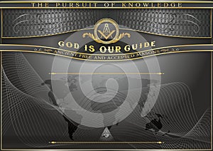 An elegant horizontal blank for creating certificates and diplomas with Masonic symbols. Golden elements on a black background.