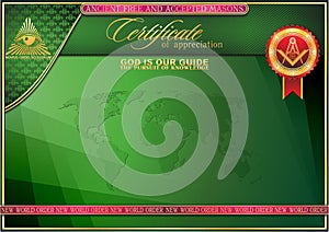 An elegant horizontal blank for creating certificates in green tones with Masonic symbols.