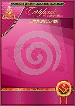 An elegant horizontal blank for creating certificates with Masonic symbols. Golden elements on a lilac background.