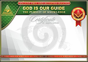 An elegant horizontal blank for creating certificates with Masonic symbols. Green inserts on a white background.