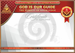 An elegant horizontal blank for creating certificates with Masonic symbols. Red inserts on a white background.