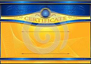 An elegant horizontal blank form for creating certificates. With blue accents on a gold background.