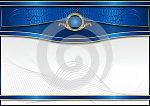 An elegant horizontal blank form for creating certificates, diplomas or other securities and documents. With blue accents on a whi