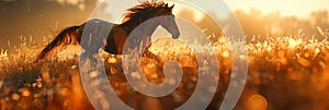 Elegant horse galloping in sunlit meadow photorealistic rim lit scene captures graceful beauty