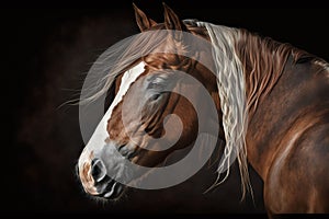 Elegant horse portrait on black backround. Horse on dark backround. Generative AI