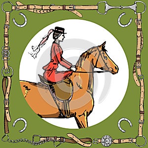 Elegant horsewoman and riding habit. English equestrian sport fox hunting in leather belt frame with bit, horse shoe.