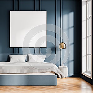 Elegant hotel bedroom interior with bed, nightstand and window. Mock up frame