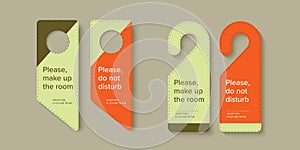 Elegant hotel door hanger design for handle or knob. Do not disturb, please service or clean room doorhanger template. Vector die