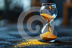 Elegant hourglass golden sand against blurred black background, time, urgency, deadline