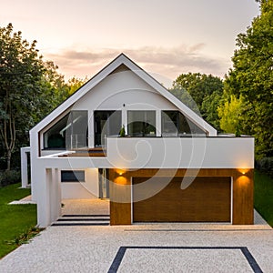 Elegant house with cobblestone driveway, drone view